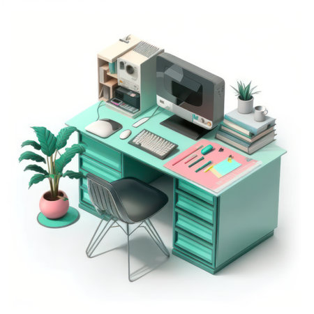3D illustration of an office desk with a computer and a plantの素材