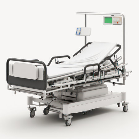 Hospital bed with medical equipment on a white background. 3d renderingの素材