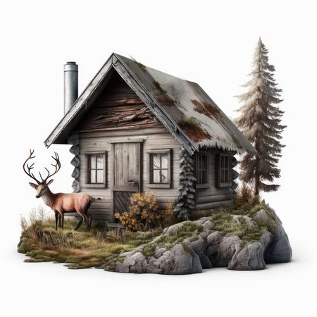 Wooden log house with deer on the hill isolated on white backgroundの素材