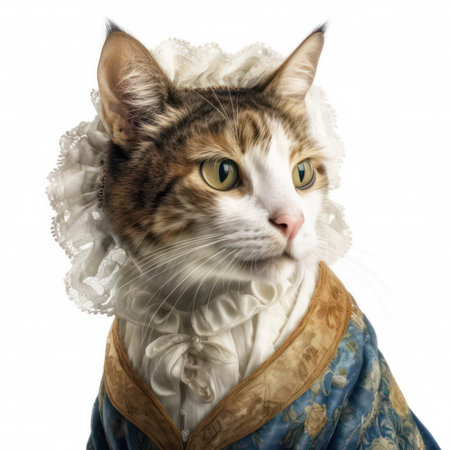 Portrait of a cat in a medieval dress on a white backgroundの素材