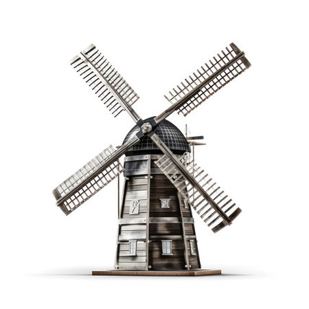 Old wooden windmill isolated on white background. 3D illustration.の素材
