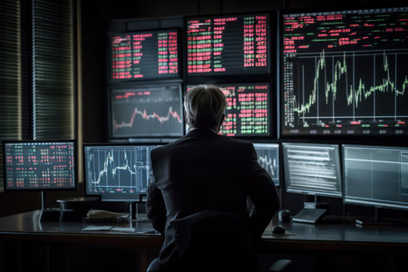 Rear view of a businessman looking at the stock market on the monitorの素材