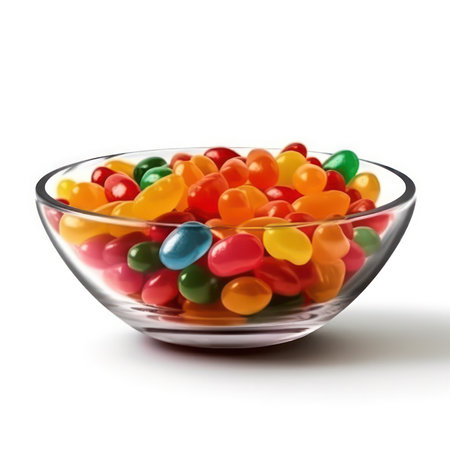 Colorful candies in a glass bowl isolated on white background.の素材
