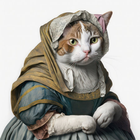 Portrait of a cat in a medieval dress on a white backgroundの素材