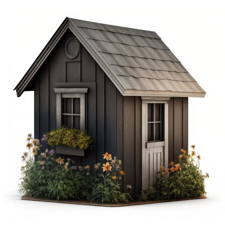 Old wooden house with flowers isolated on white background. 3d illustrationの素材