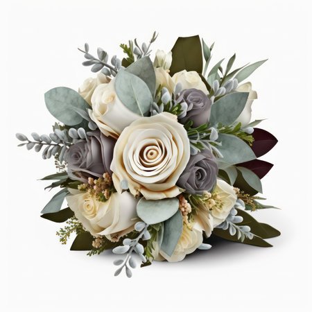 Flower bouquet isolated on white background. Floral arrangement with white roses, eucalyptus, eucalyptus, green leaves.の素材
