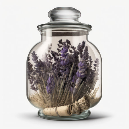 Glass jar with lavender flowers on white background. 3D renderingの素材