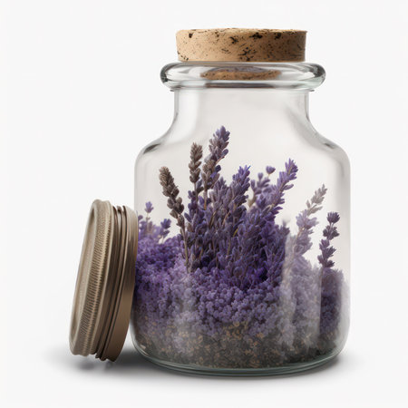 Lavender in a glass jar on a white background. 3d renderingの素材