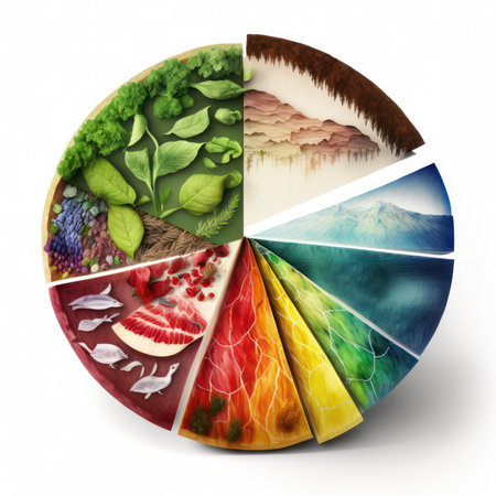 Pie chart of natural textures and elements on a white backgroundの素材