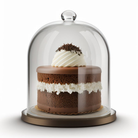 Chocolate cake with white cream inside glass dome isolated on white backgroundの素材