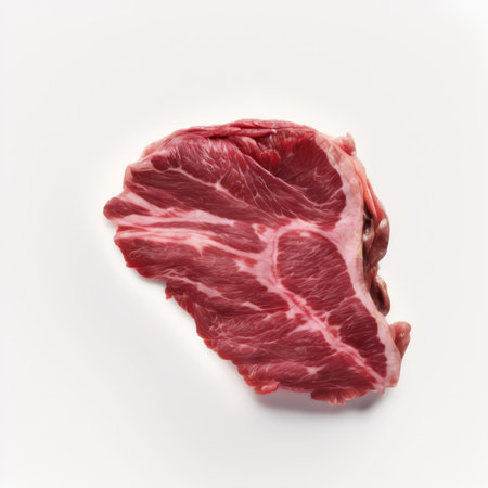 Raw fresh beef steak isolated on white background. Top view. Flat lay.の素材