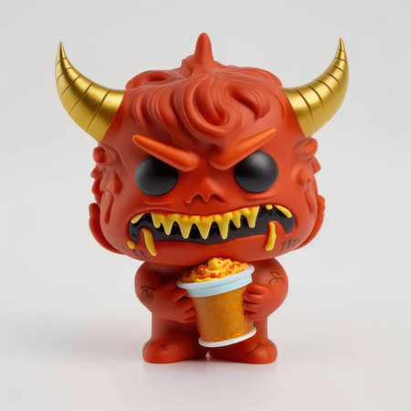 3d rendering of a red devil with a cup of coffee.の素材
