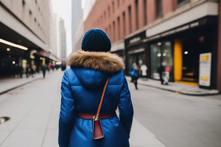 young beautiful hipster woman in blue down jacket walking in the cityの素材