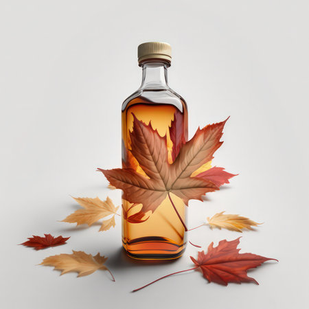 Bottle of maple syrup with autumn leaves. 3d illustration.の素材