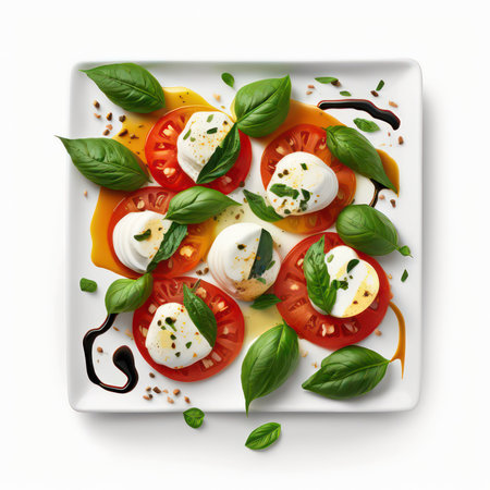 Caprese salad with mozzarella cheese, tomatoes and basil leaves on white backgroundの素材