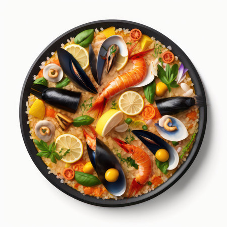 Seafood paella in a black plate isolated on white background.の素材