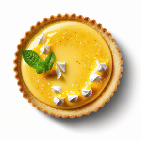 Lemon tart with whipped cream isolated on white background. Top view.の素材