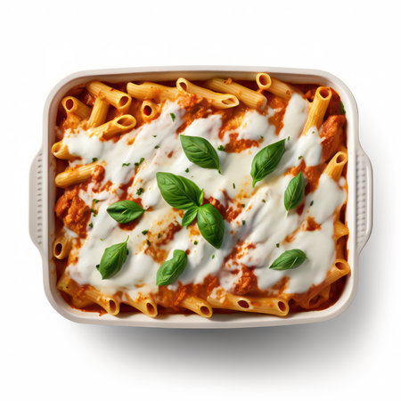 Bolognese pasta with tomato sauce and basil, top viewの素材