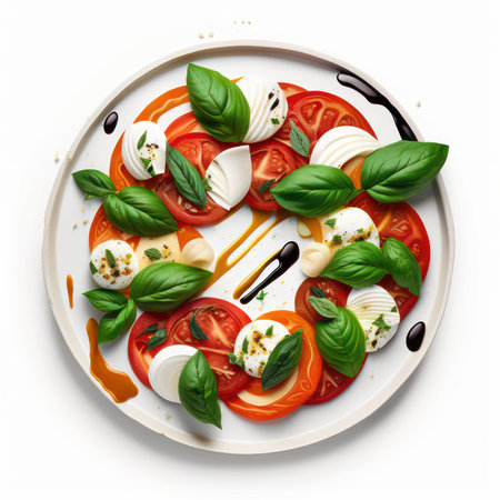 Caprese salad with tomatoes, mozzarella cheese and basil on white backgroundの素材