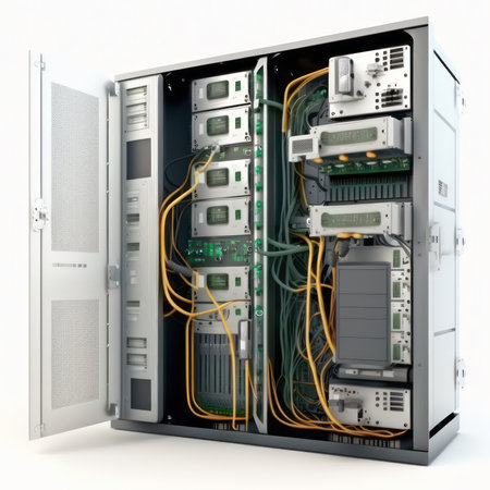 3d rendering of server with network cables in a server room on white backgroundの素材