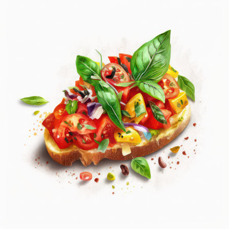 Bruschetta with tomatoes, cheese and basil on white backgroundの素材