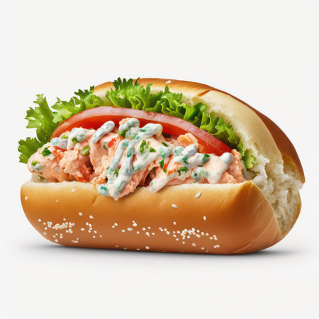 Hot dog with salmon, lettuce, tomato and mayonnaise isolated on white backgroundの素材