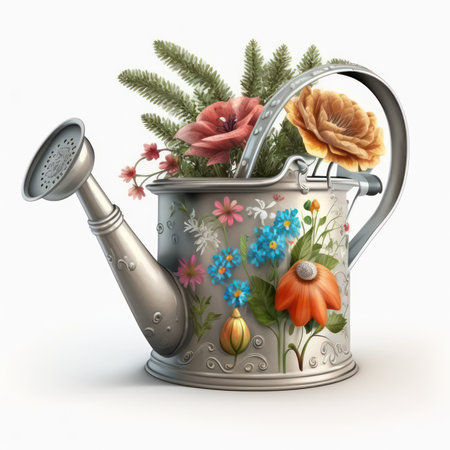 Watering can with flowers on white background. 3D illustration.の素材