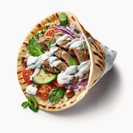 Gyro wrap with meat, vegetables and sauce isolated on white backgroundの素材