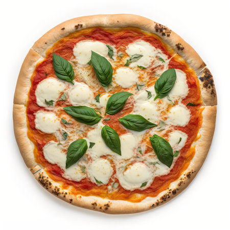 Pizza with mozzarella cheese and basil isolated on white backgroundの素材