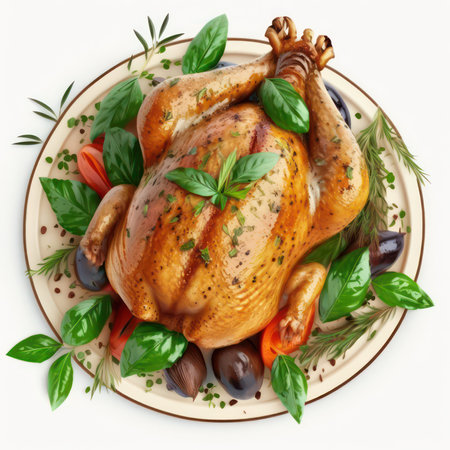 Roast chicken with vegetables on a white background. Top view.の素材