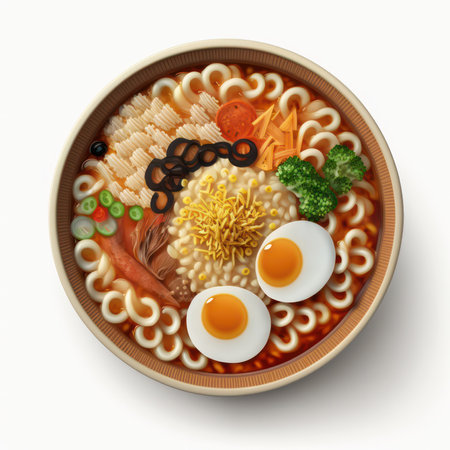 Ramen noodle soup with egg and vegetables isolated on white backgroundの素材