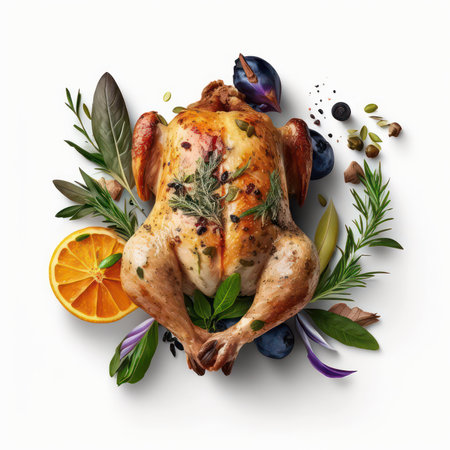 Whole roasted chicken garnished with herbs and oranges on white backgroundの素材