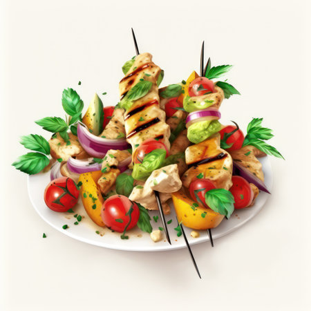 Grilled kebab on skewers with vegetables. Vector illustration.の素材