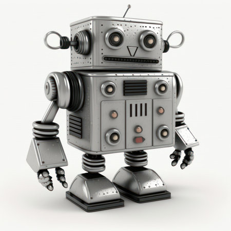 3D render of a robot with headphones on a white background.の素材