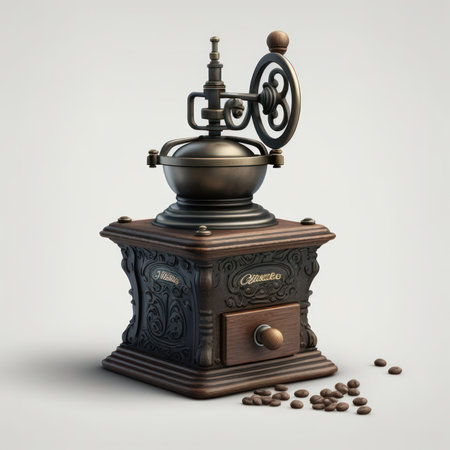 Vintage coffee grinder with coffee beans 3d render on gray background with shadowの素材