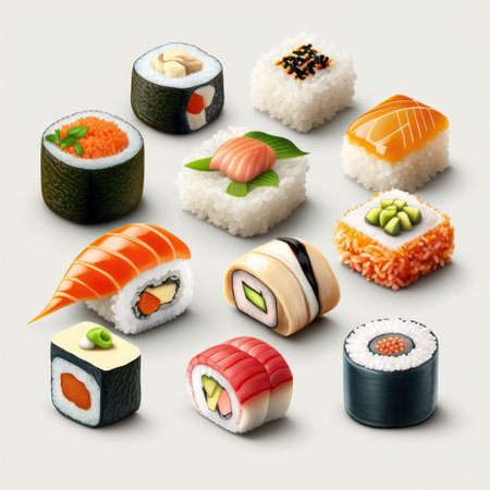 Sushi set isolated on a white background. 3d illustration.の素材