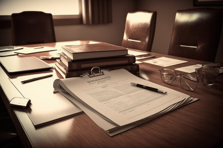 Close-up of an office table with documents, glasses and a penの素材