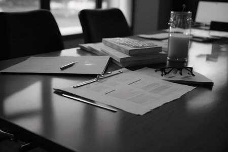 Close up of business document on table in meeting room, black and whiteの素材
