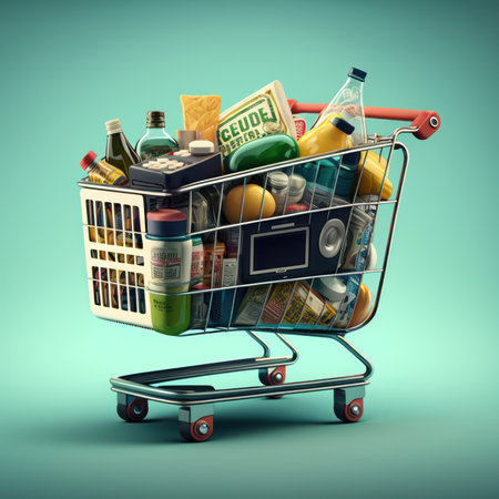 Shopping cart full of grocery products 3d render on blue backgroundの素材