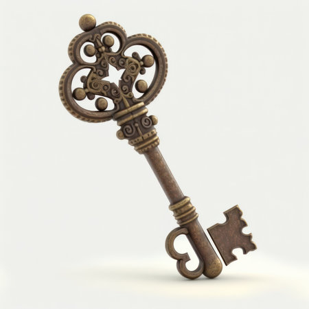 Antique key isolated on white background. 3d render image.の素材
