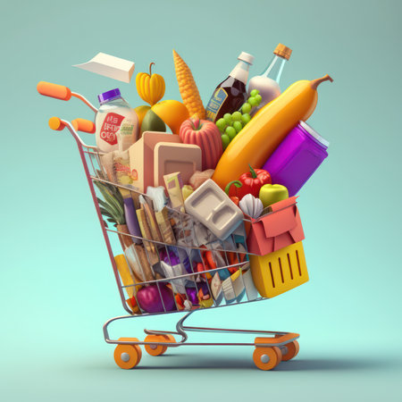 Shopping cart full of grocery products on blue background. 3d illustrationの素材