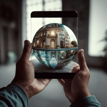 Close up of man hands holding smartphone with world globe in the screenの素材