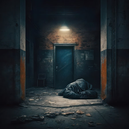 Homeless man in a dark abandoned building. Conceptual image.の素材