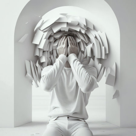 Man in white suit covering his face with hands and looking through a hole in the wallの素材