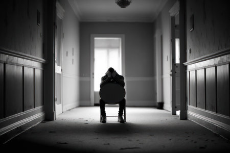Sad woman sitting on a chair in the corridor of a dark roomの素材