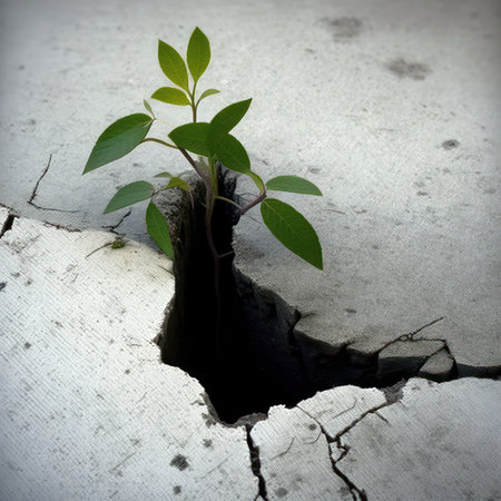 Green sprout growing through crack on concrete wall. Global warming conceptの素材
