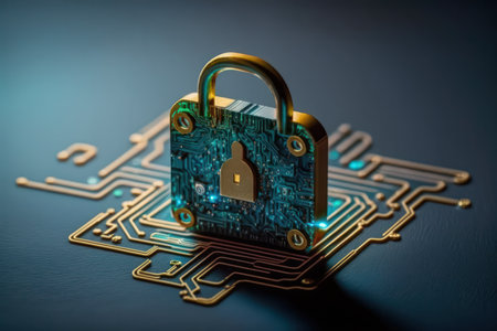 Cyber security concept. Padlock on circuit board. 3d illustrationの素材