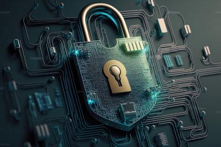Cyber security concept with padlock on circuit board 3D renderingの素材