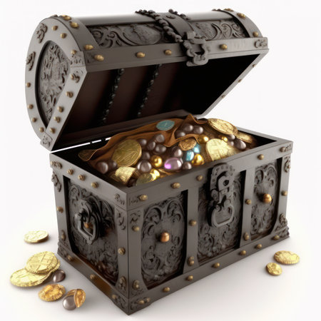 Treasure chest full of gold coins and precious stones. 3d illustrationの素材