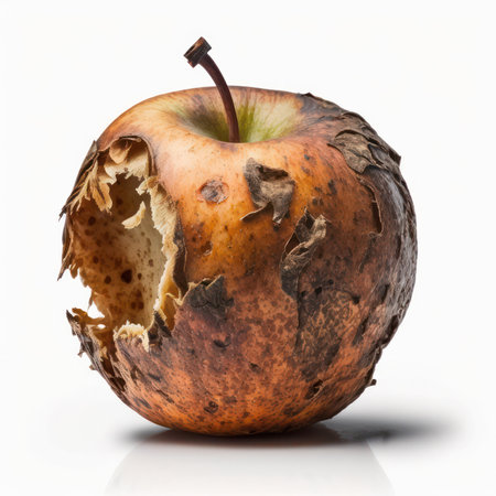 Old rotten apple on a white background. The concept of healthy eatingの素材